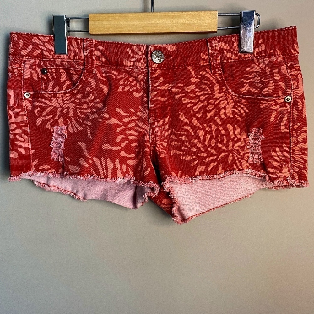 Vanilla Star Distressed Cutoff Low Rise Denim Shorts Floral 11 Festival Y2K